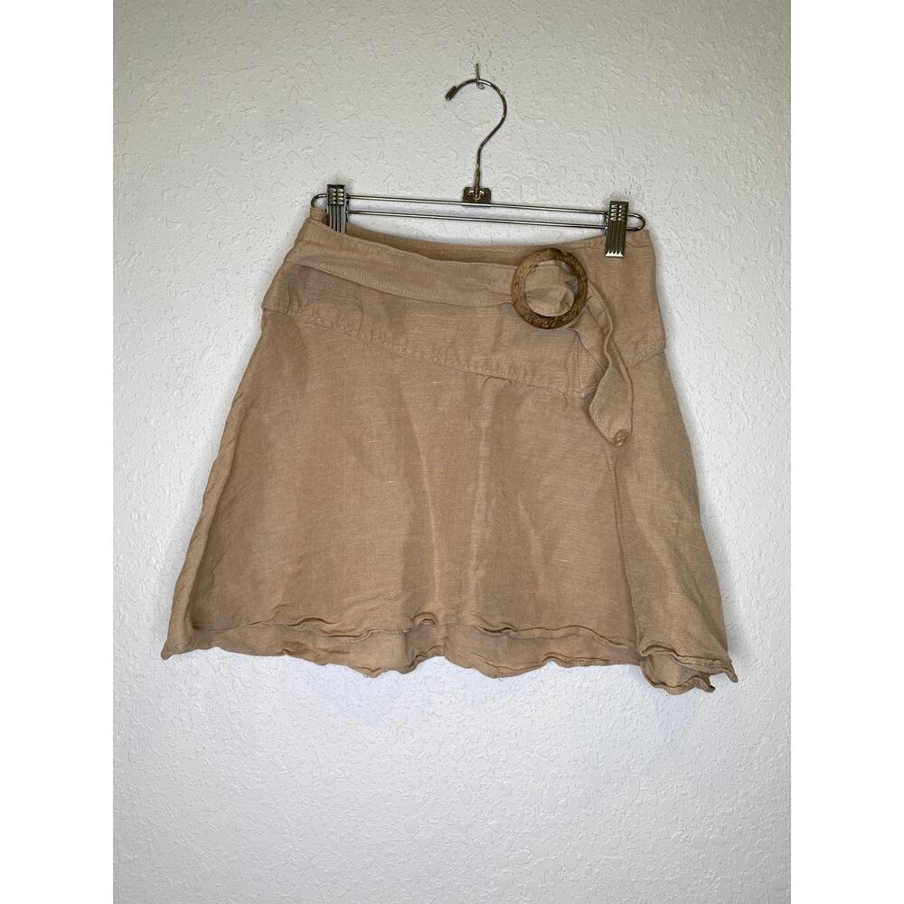 Free People Higher Ground Flared Tan Linen Mini Skirt EUC Sz 2 Belted Side Zip